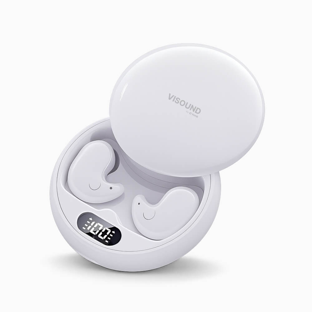 Product Photography, Visound: White wireless earbuds nestled in their open charging case against a clean background, showcasing a '100' digital battery display and whimsical heart-shaped earbud designs