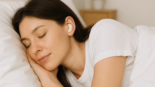 Person sleeping on side with ViSound Drift invisible earbuds in ear