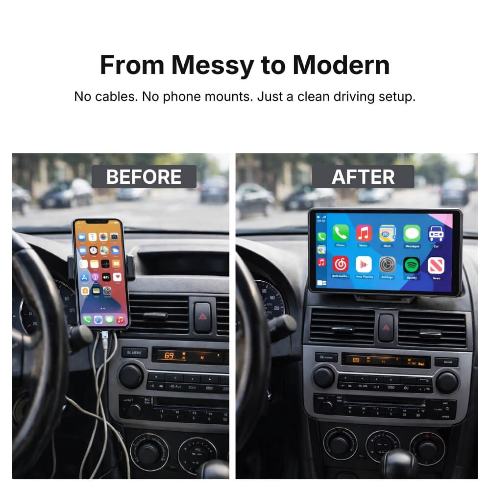 A car dashboard demonstrating the transformation from messy to modern, showing a "before" side with an iPhone in a mount with tangled white charging cables and an "after" side featuring a clean, cable-free, mounted screen with a sleek CarPlay-style app interface