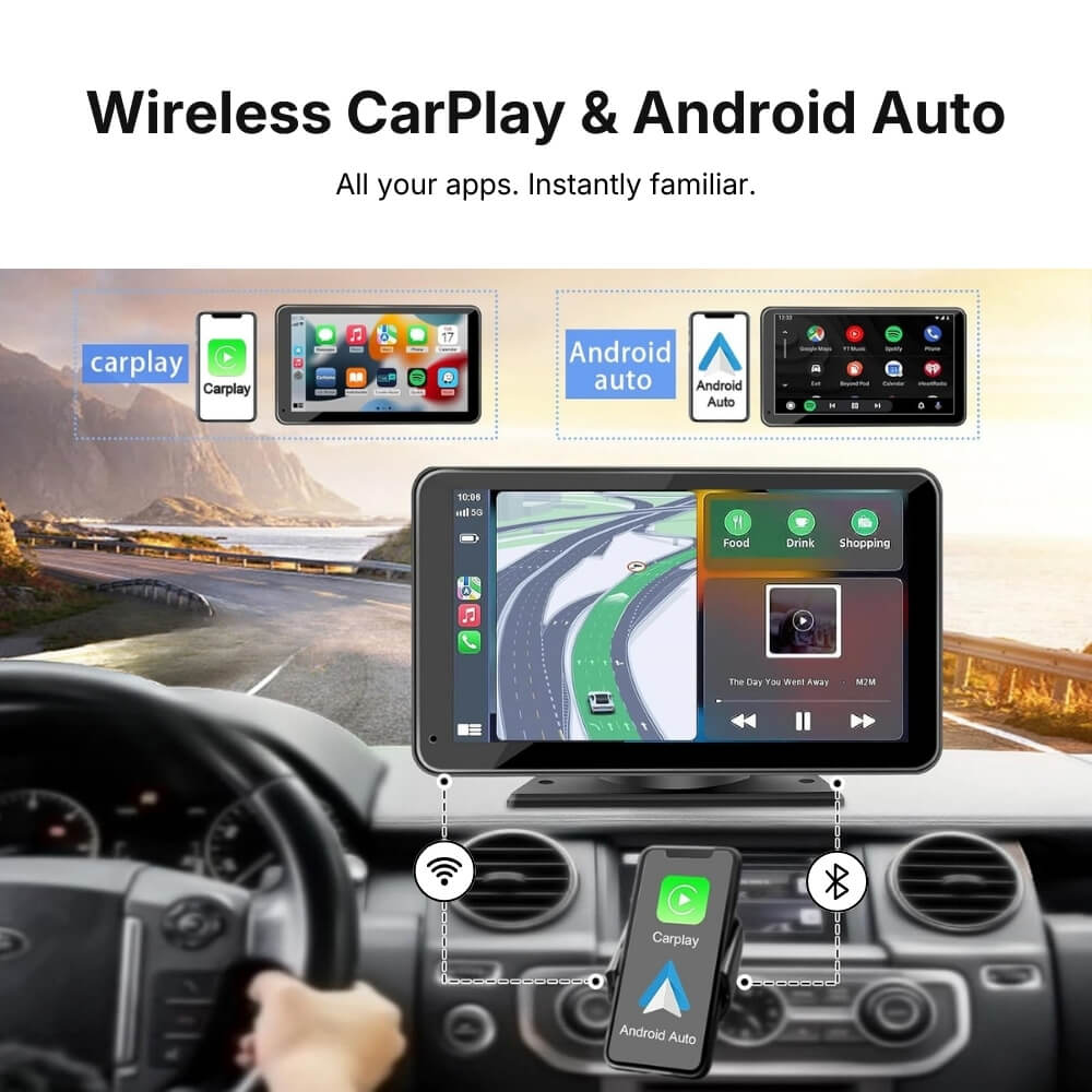 Seamless wireless CarPlay and Android Auto integration demonstrated in a car's dashboard, showing navigation maps, music by 'The Day You Went Away M2M', and app examples wirelessly connected to a smartphone, set against a scenic mountain road background