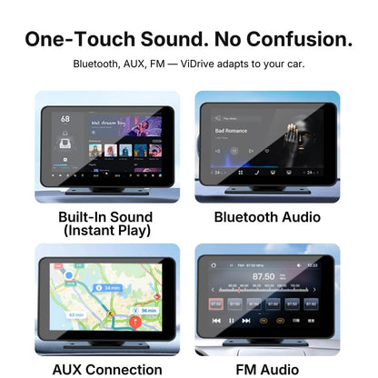 Product graphic of the ViDrive car infotainment system featuring four screens displaying built-in audio, Bluetooth playing 'Bad Romance' by Lady Gaga, a GPS navigation map with travel times, and FM radio at 87.50 MHz