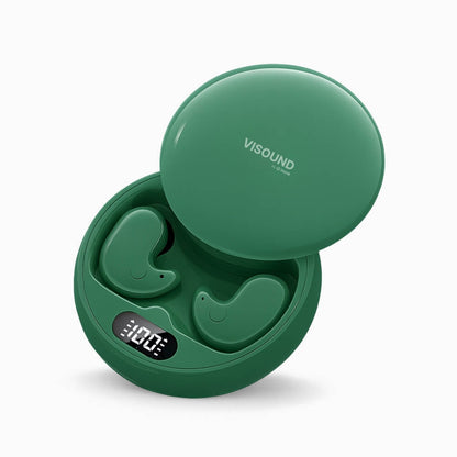 VISOUND by Q Yong deep green wireless earbuds in an open charging case featuring a digital display showing 100% and subtle smiley face details on each earbud
