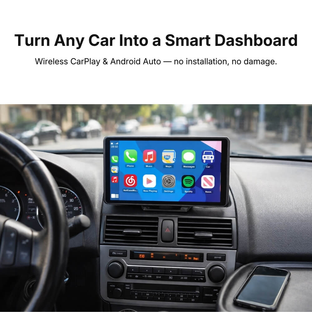 Product photograph of a car interior featuring an aftermarket smart display unit with colorful app icons for Phone Music Maps and Spotify a steering wheel visible on the left and a smartphone resting on a tray on the right
