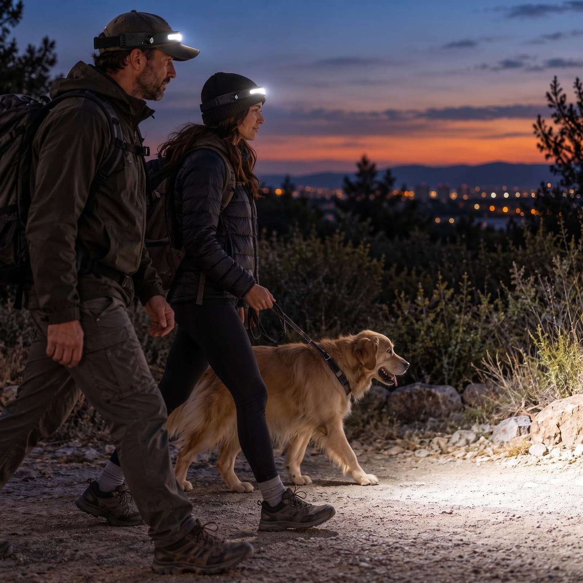 A man and a woman walking a dog at dusk, wearing Arc over a cap and a beanie