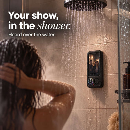 ViSound Spa on the shower wall, a show playing while the water runs