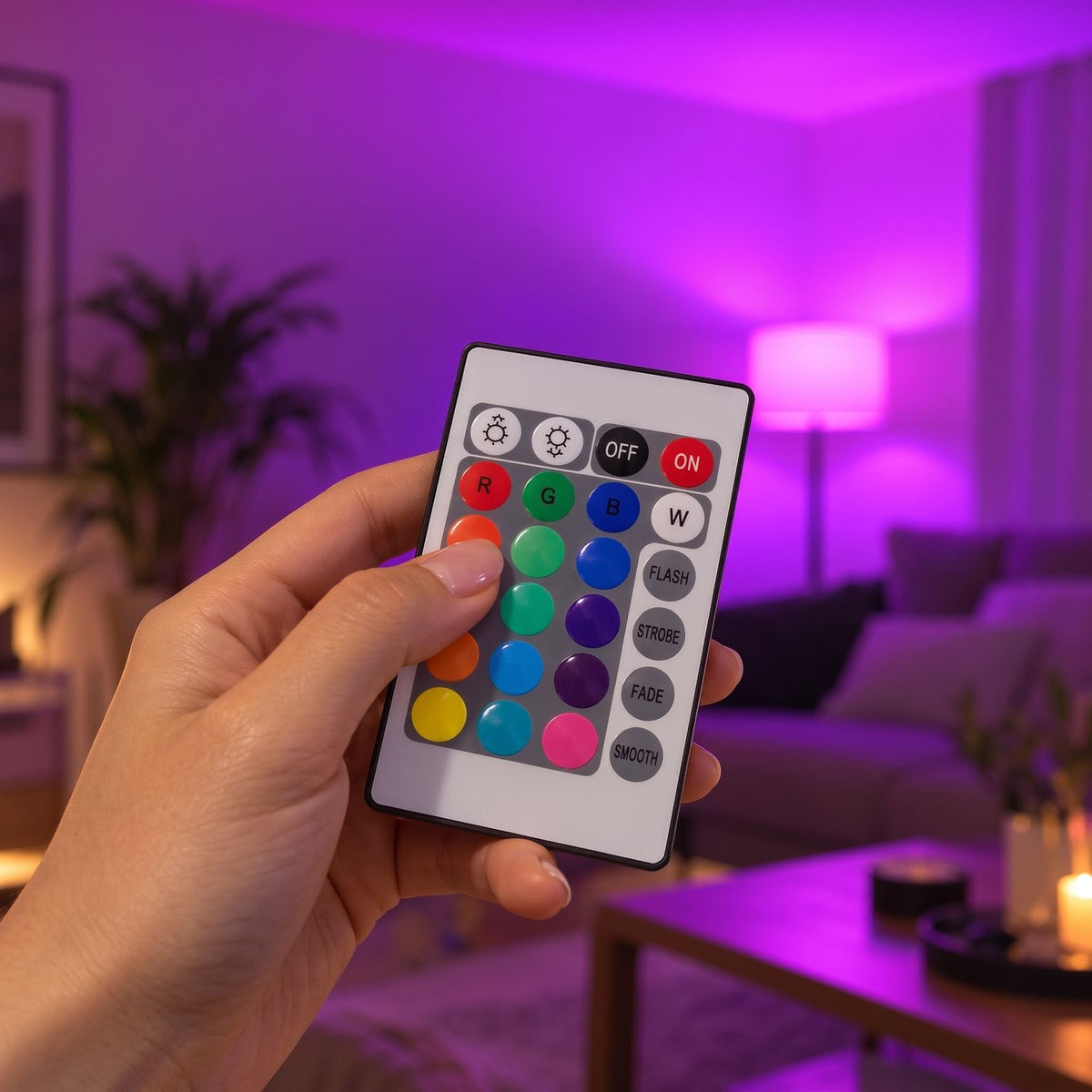 A hand holding the Tint remote, thumb on a color key